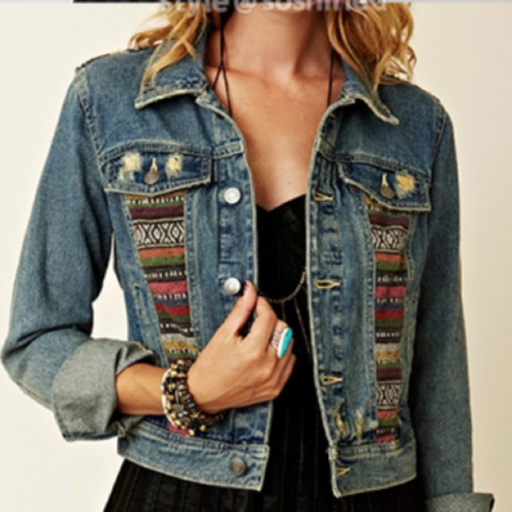 Free People Embroidered Baja Denim Jacket Size 4